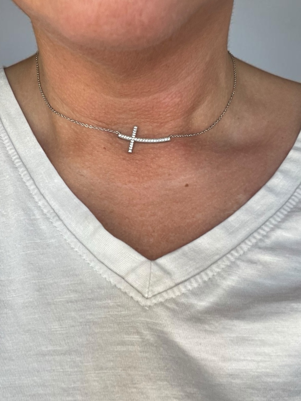925 Sterling Silver Sideways Pave Cross Necklace CZ Crysta